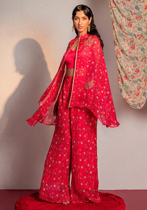 Hot Pink Digital Print And Sequin Embroidered Cape And Pants Set
