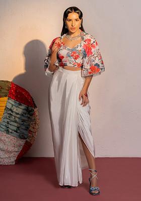 White And Pink Digital Print Draped Skirt Set With Short Cape And Bustier
