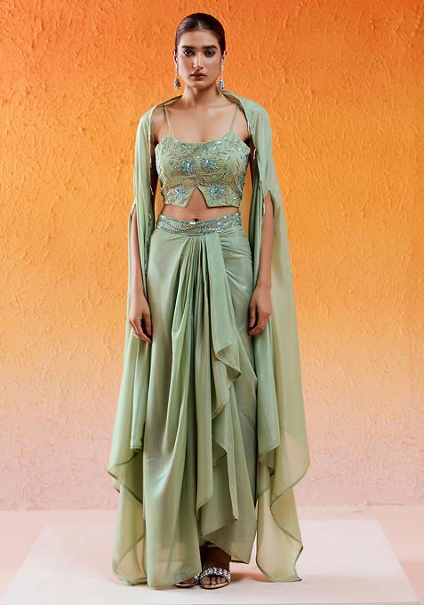 Pista Green Sequin Embroidered Draped Skirt Set With Cape