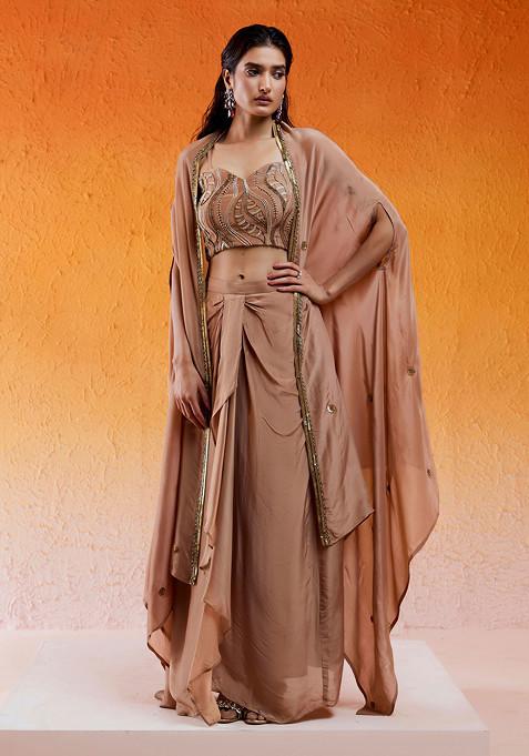Caramel Brown Sequin Embroidered Draped Skirt Set With Cape
