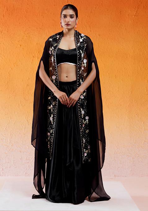 Black Sequin Embroidered Draped Skirt Set With Cape