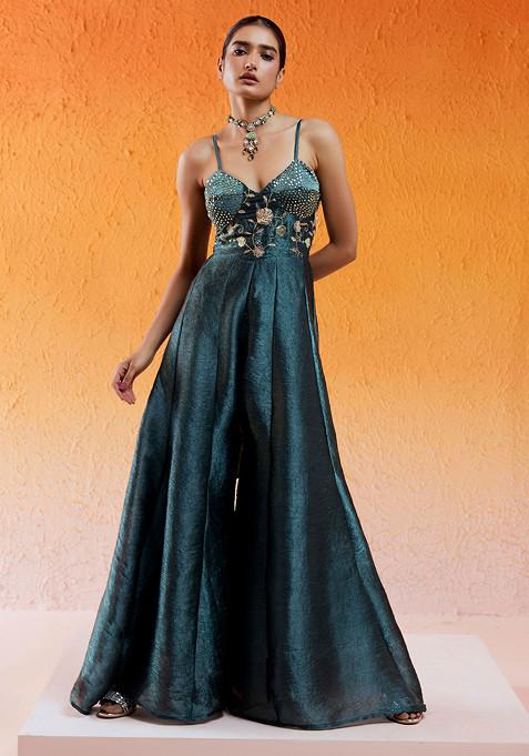 Metallic Teal Blue Sequin Embroidered Jumpsuit