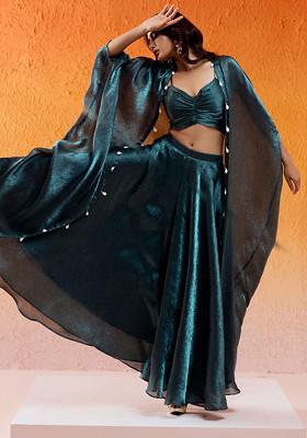 Metallic Teal Blue Sequin Embroidered Co-Ord Set