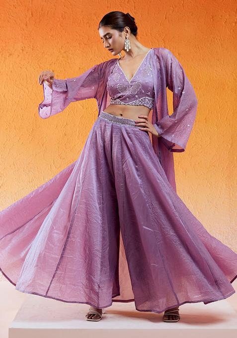 Lavender Sequin Embroidered Crushed Organza Jacket And Flared Pant Set