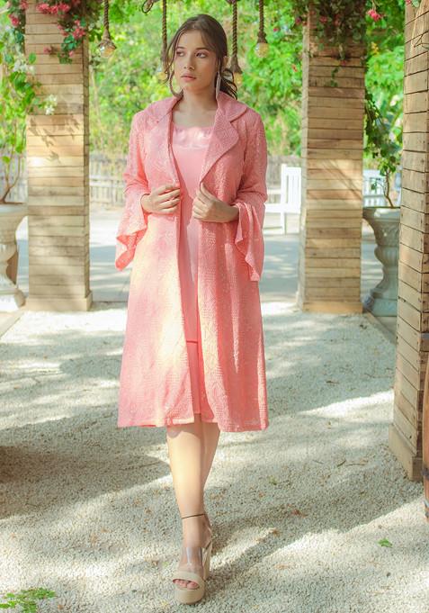 Peach Embroidered Georgette Chikankari Dress And Jacket Set