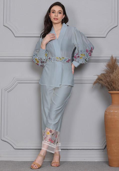 Light Blue Floral Escape Embroidered Chanderi Wrap Top And Pants Set