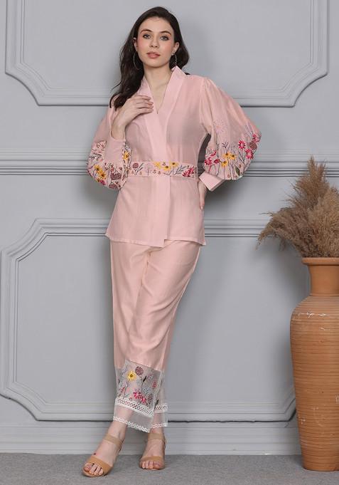 Light Pink Floral Escape Embroidered Chanderi Wrap Top And Pants Set