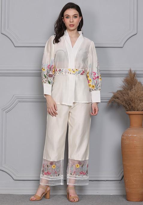 Off White Floral Escape Embroidered Chanderi Wrap Top And Pants Set