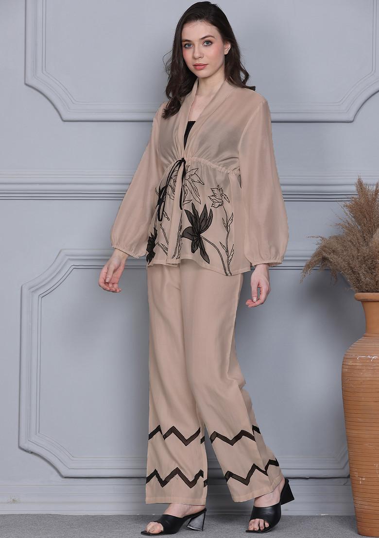 Beige Floral Escape Embroidered Chanderi Wrap Top And Pants Set
