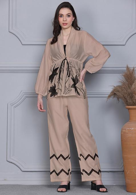 Beige Floral Escape Embroidered Chanderi Wrap Top And Pants Set