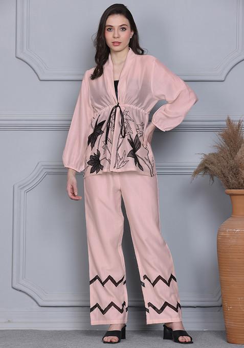 Light Pink Floral Escape Embroidered Silk Chanderi Wrap Top And Pants Set