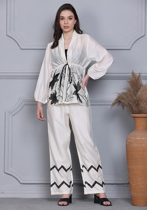 Off White Floral Escape Embroidered Silk Chanderi Wrap Top And Pants Set