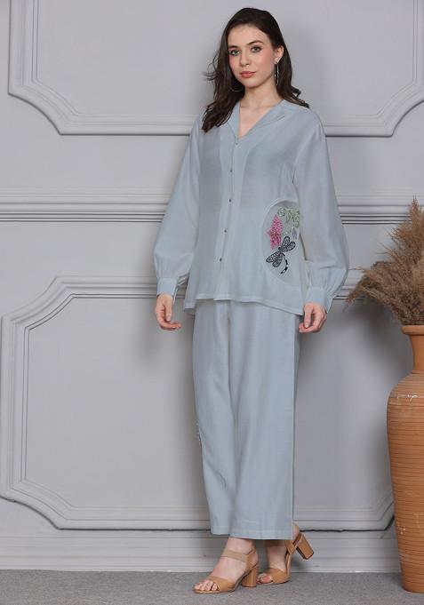 Light Blue Floral Escape Embroidered Chanderi Shirt And Pants Set