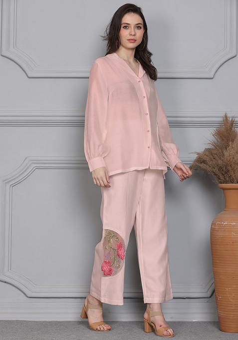 Light Pink Chanderi Shirt And Pants Set