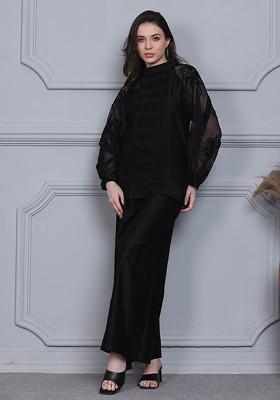 Black Floral Escape Embroidered Chanderi Top And Pants Set