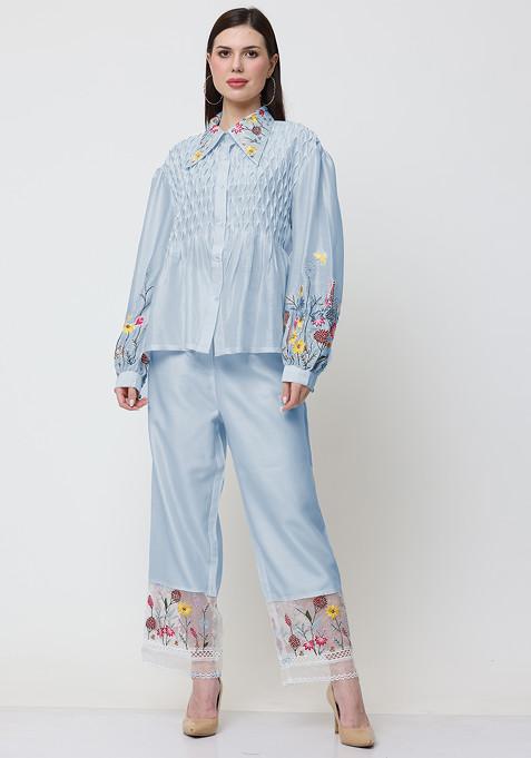 Light Blue Floral Escape Embroidered Chanderi Shirt Set