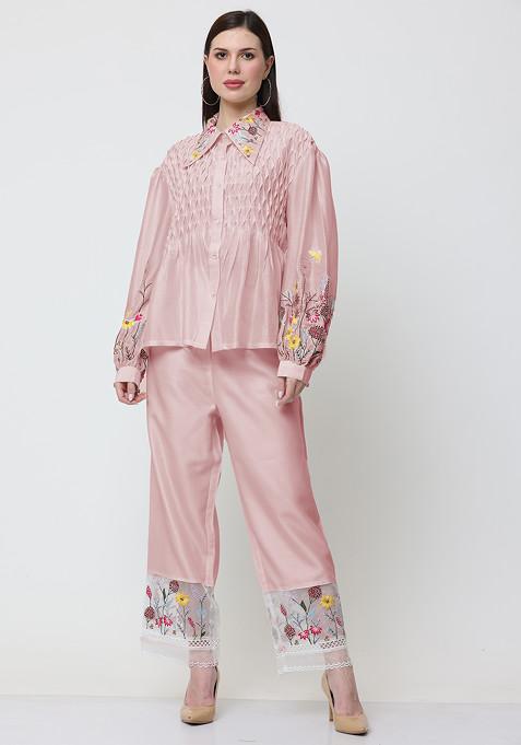 Light Pink Floral Escape Embroidered Chanderi Shirt Set