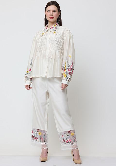 Off White Floral Escape Embroidered Chanderi Shirt Set