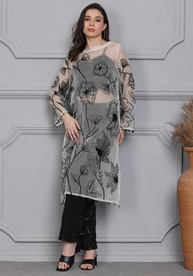 White And Black Floral Escape Embroidered Organza Tunic And Bustier Set