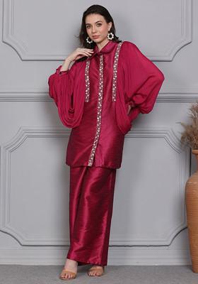 Hot Pink Floral Escape Embroidered Raw Silk Top And Pants Set