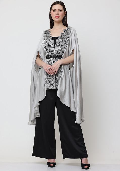 Light Grey Floral Escape Embroidered Satin Cape And Bustier Set
