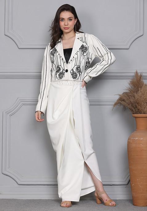 White Floral Escape Embroidered Crepe Jacket And Drape Skirt Set
