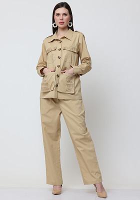 Beige Floral Escape Embroidered Cotton Shirt And Pants Set