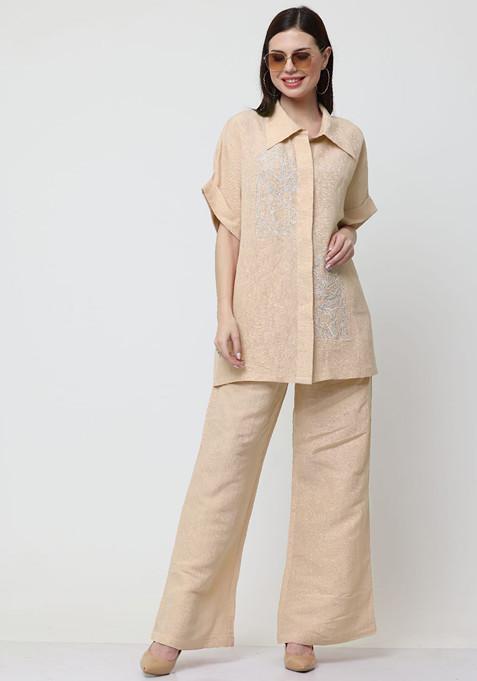 Beige Floral Escape Embroidered Cotton Linen Shirt And Pants Set