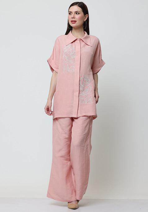 Pink Floral Escape Embroidered Cotton Linen Shirt And Pants Set