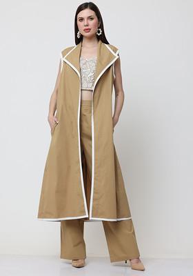 Tan Brown And White Floral Escape Embroidered Cape And Bustier Set