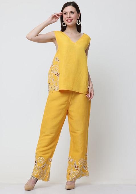Yellow Floral Escape Embroidered Cotton Linen Top And Pants Set