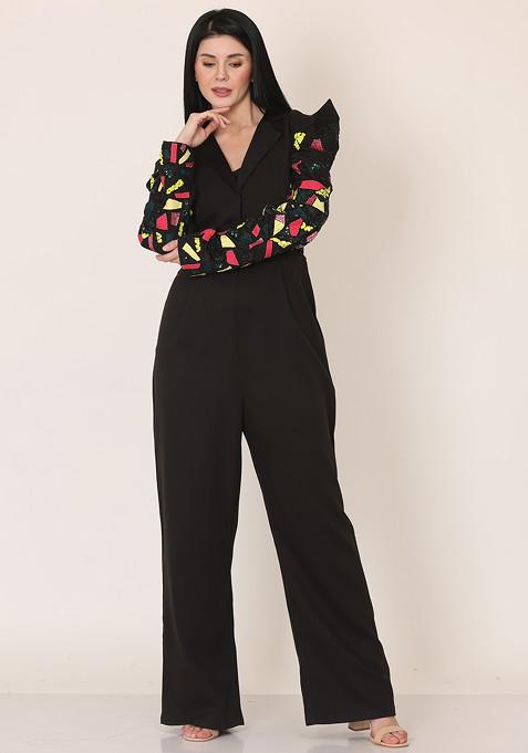 Black Floral Escape Embroidered Cotton Linen Jacket And Jumpsuit Set