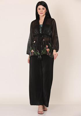 Black Floral Escape Embroidered Shimmer Organza Top And Bustier Set