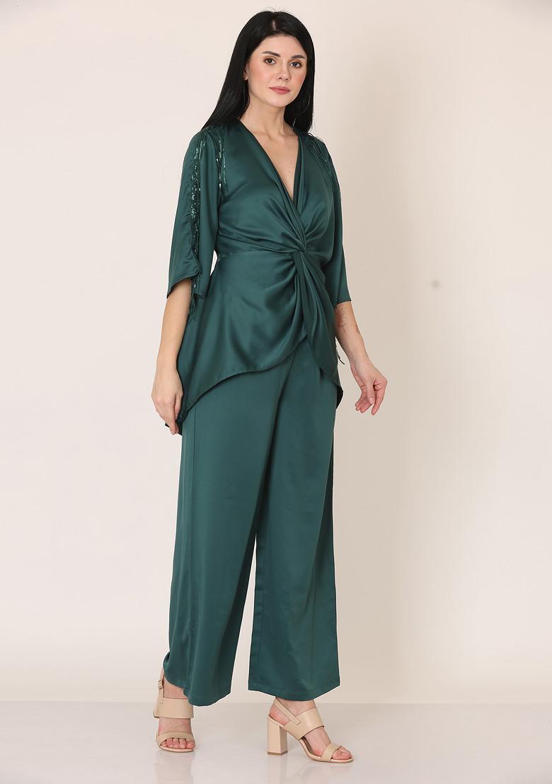 Bottle Green Crepe Top And Pants Set - Indya