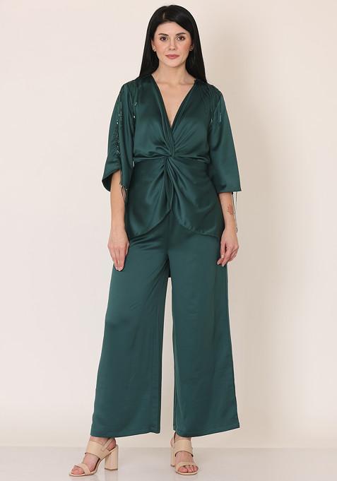 Bottle Green Crepe Top And Pants Set