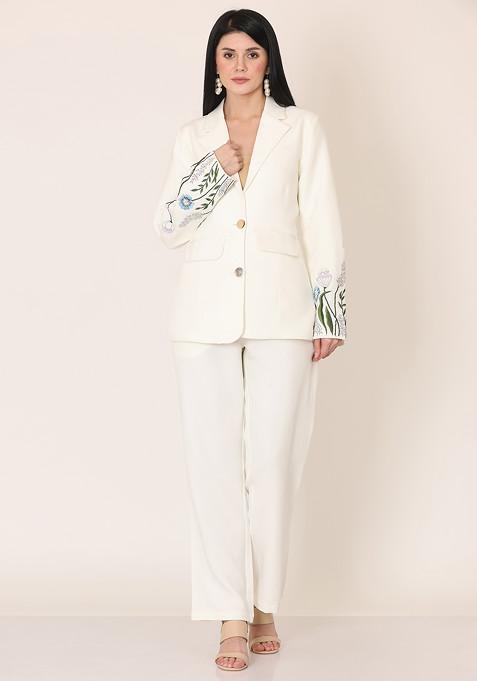 White Floral Escape Embroidered Crepe Coat And Pants Set