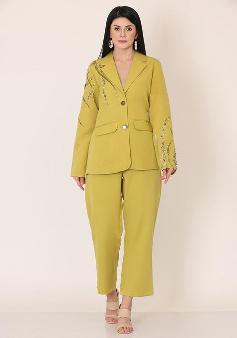 Lime Green Festive Fiesta Embroidered Crepe Coat And Pants Set