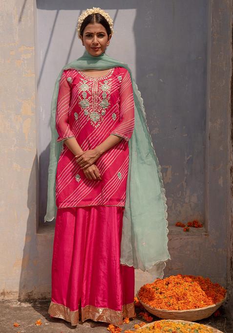 Pink And Turquoise Machine Embroidered Georgette Kurta Set
