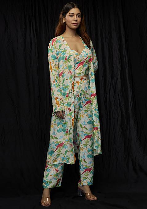 Multicolour Floral Printed Cotton Crop Top And Shrug Set