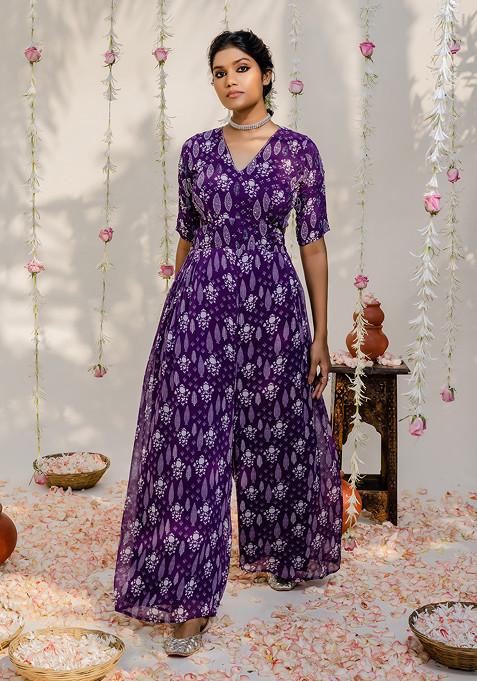 Purple Printed Embroidered Jumpsuit