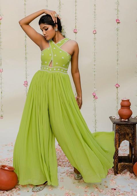 Green Pleated Embroidered Jumpsuit