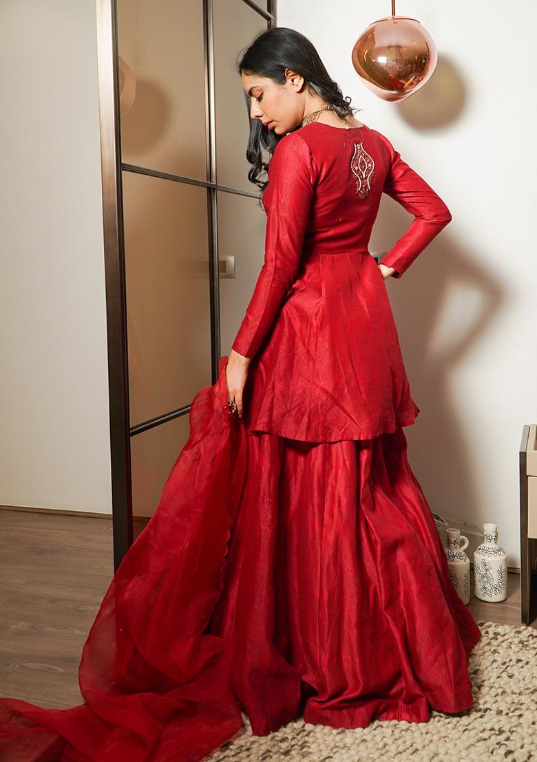 Maroon Dori Embroidered Chanderi Silk Skirt Set