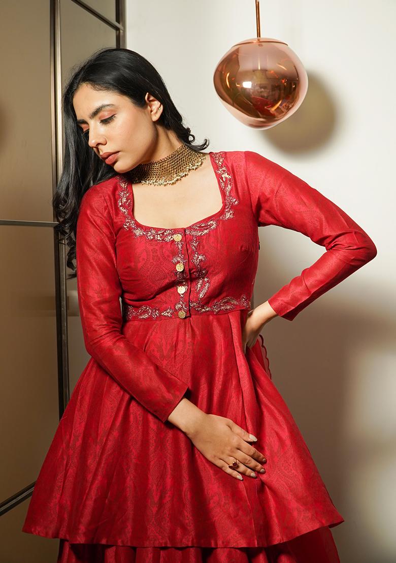 Maroon Dori Embroidered Chanderi Silk Skirt Set