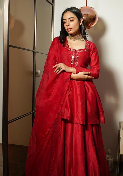 Maroon Dori Embroidered Chanderi Silk Skirt Set