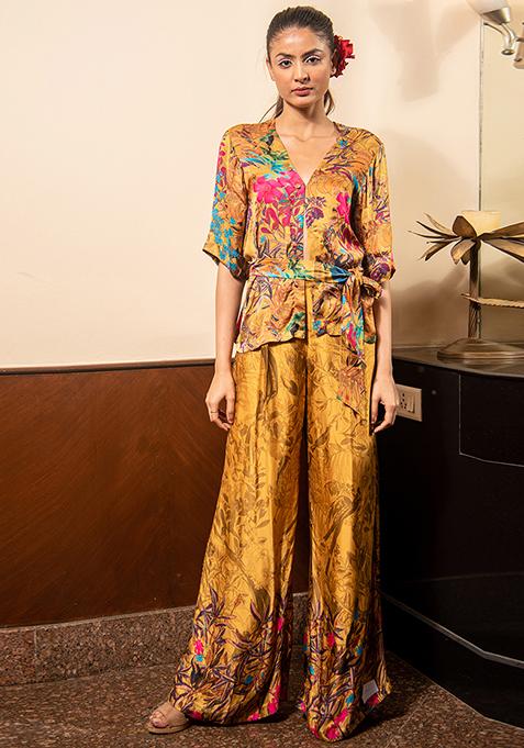 Mustard Printed Satin Co-Ord Set