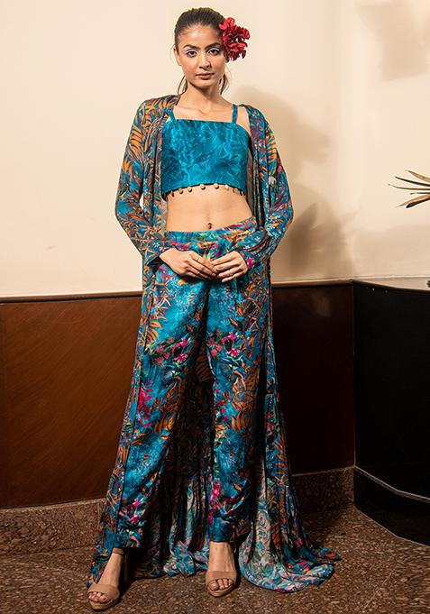 Dark Blue Printed Satin Cape Set