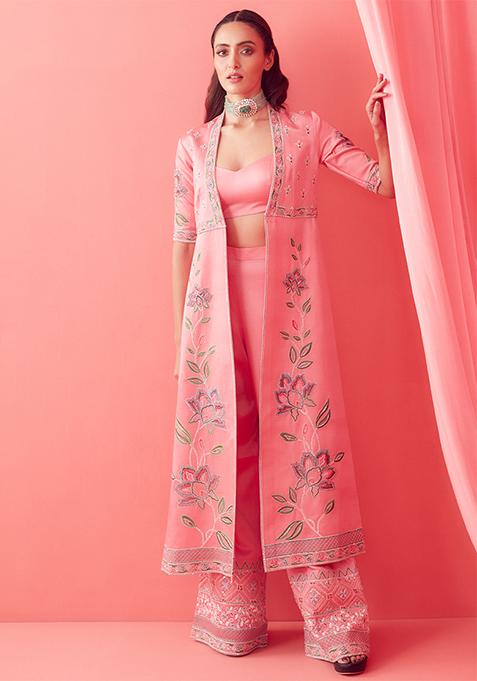 Soft Pink Thread Embroidered Jacket Set