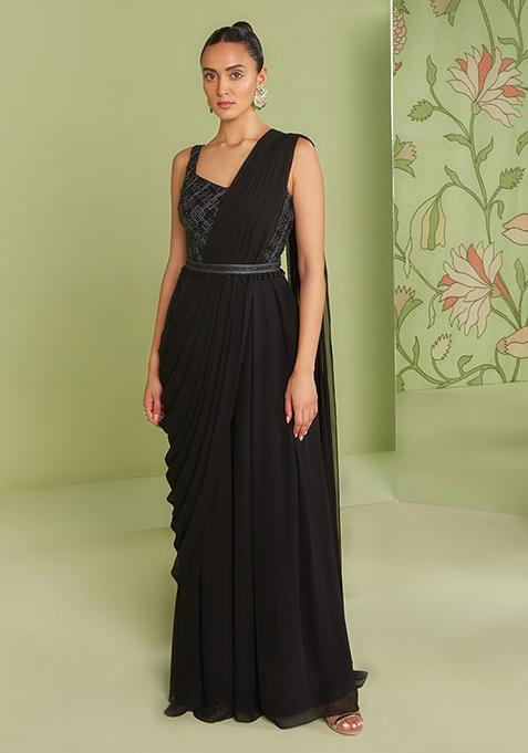 Black Sequin Embroidered Pre-Draped Saree Set