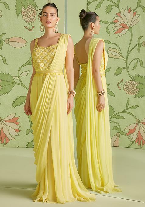 Daffodil Yellow Sequin Embroidered Pre-Draped Saree Set