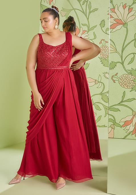 Cherry Red Sequin Embroidered Pre-Draped Saree Set